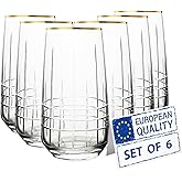Biandeco Gold Rim Drinking Glasses | Set of 6 | Handmade Crystal Cut Tall Highball Glass Cups, Glassware for Cocktail, Long Drink, Water, Juice, Ice Tea, Mojito, 16 oz