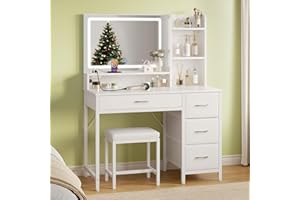 Greenstell Vanity Desk with Mirror and Lights, Makeup Vanity Table with Upholstered Stool, 4 Drawers & 3 Storage Shelves, Power Outlet, 3 Adjustable Lighting Modes for Bedroom and Dressing Room, White