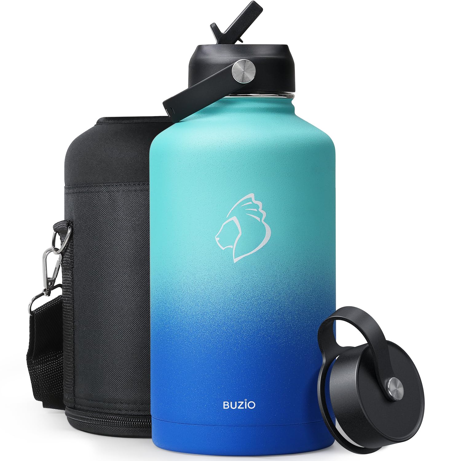 Insulated Water Bottle with Straw 2L, BUZIO Stainless Steel Water Bottle with Straw Lid and Flex Cap Cold for 48 Hrs, Hot for 24 Hrs Double Wall Wide Mouth BPA Free Leak Proof, Pacific Dream