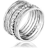 Jean Rachel Jewelry 925 Sterling Silver Wide Ring Multi Texture and Beads, Oxidized, Vintage Look Stylish Hypoallergenic, Nickel and Lead-free, Artisan Handcrafted Designer Collection (Size 5-11)