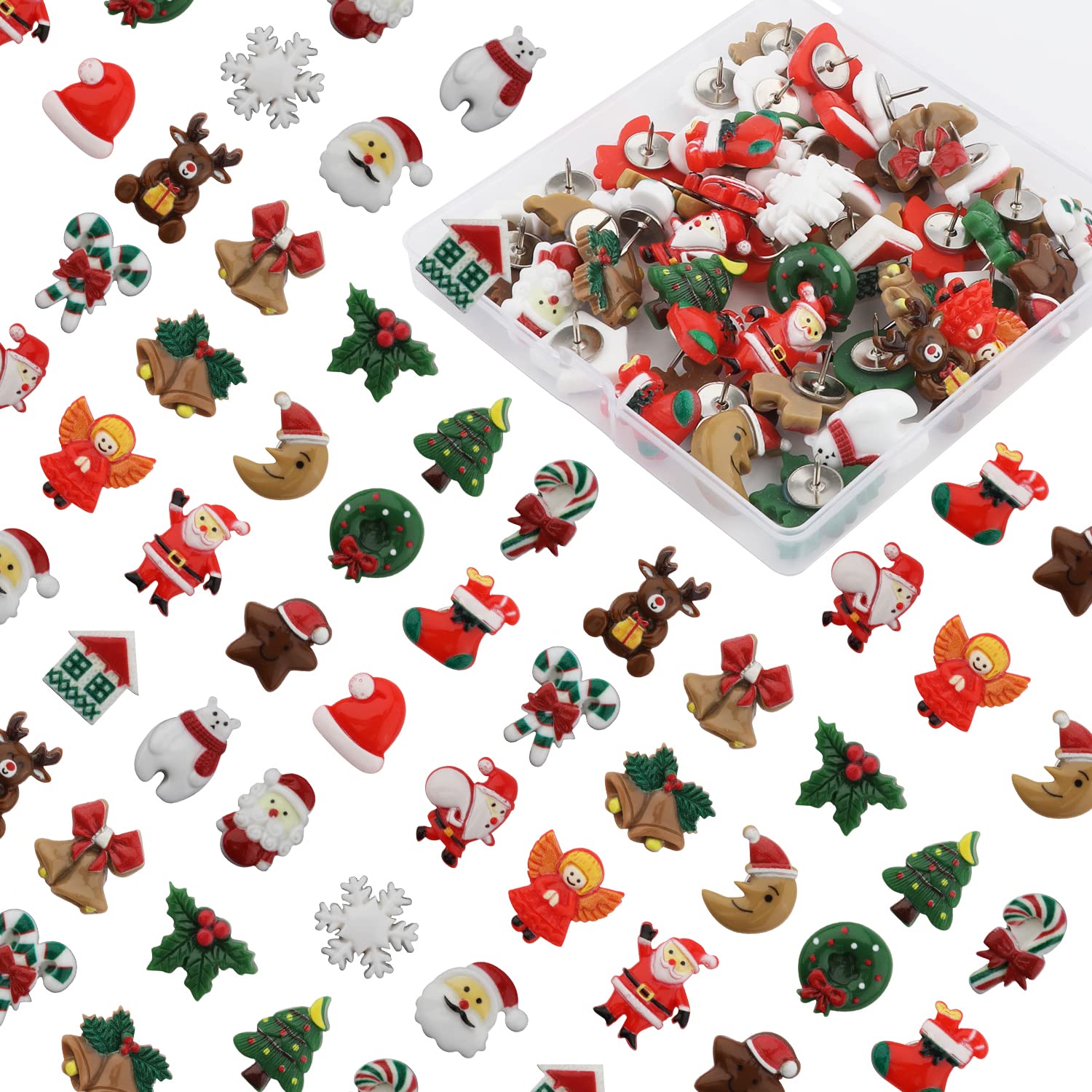 Christmas Push Pins, 50pcs Winter Push Pins for Cork Board, Christmas Thumb Tacks Decorative Plastic Pushpins with Santa Claus Elk Xmas Tree Wreath Style for Bulletin Board Wall