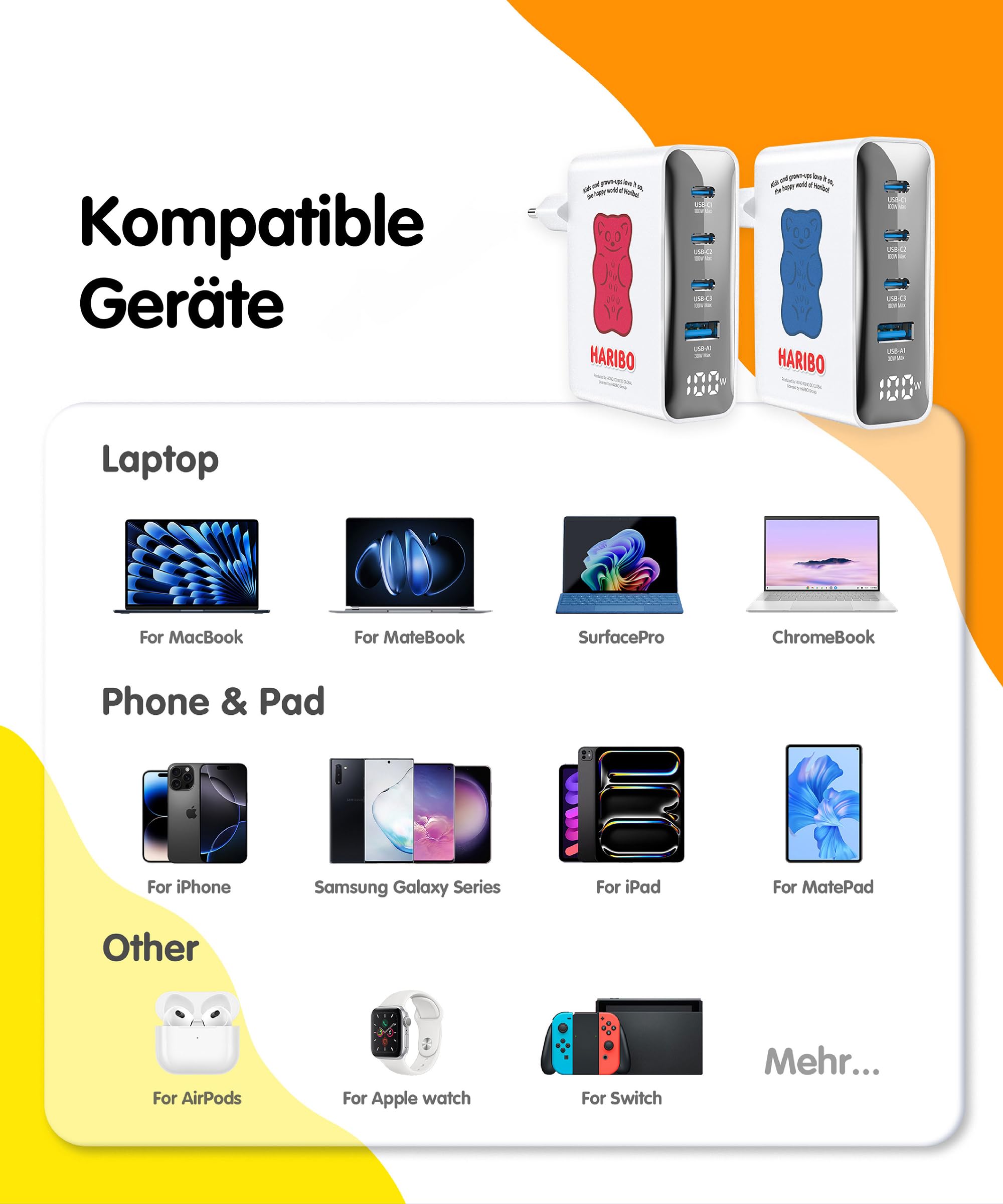 Haribo 100W USB C Ladegerät, 4-Port Schnellladegerät USB-C Netzteil mit LED Display, GaN Charger PD/PPS für MacBook Pro/Air, iPhone 17/16, Galaxy S25/S24, Laptop, iPad, Switch, Kompakt Geschenk, Blau 7