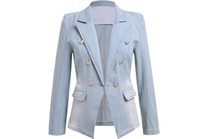 IDOPIP Denim Blazer Jacket for Women Long Sleeve Button Down Casual Work Office Jeans Blazer Open Front Cardigan Blazer Coat