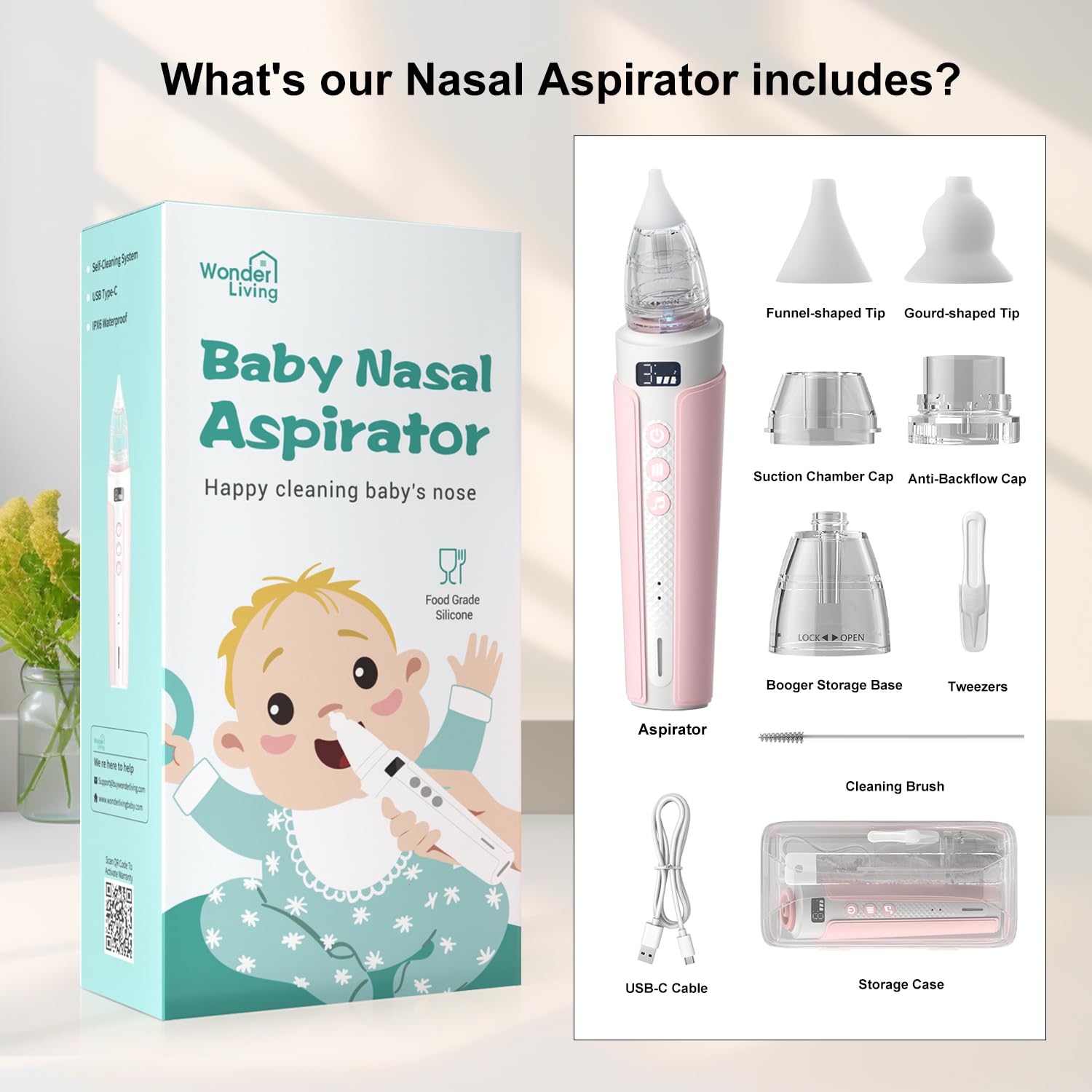 Wonder Living Electric Nasal Aspirator for Baby, Nose Sucker for Baby with IPX6 Waterproof, Self-Cleaning, Adjustable Nose Suction for Toddlers, Built-in Music & Light Soothing, Pink