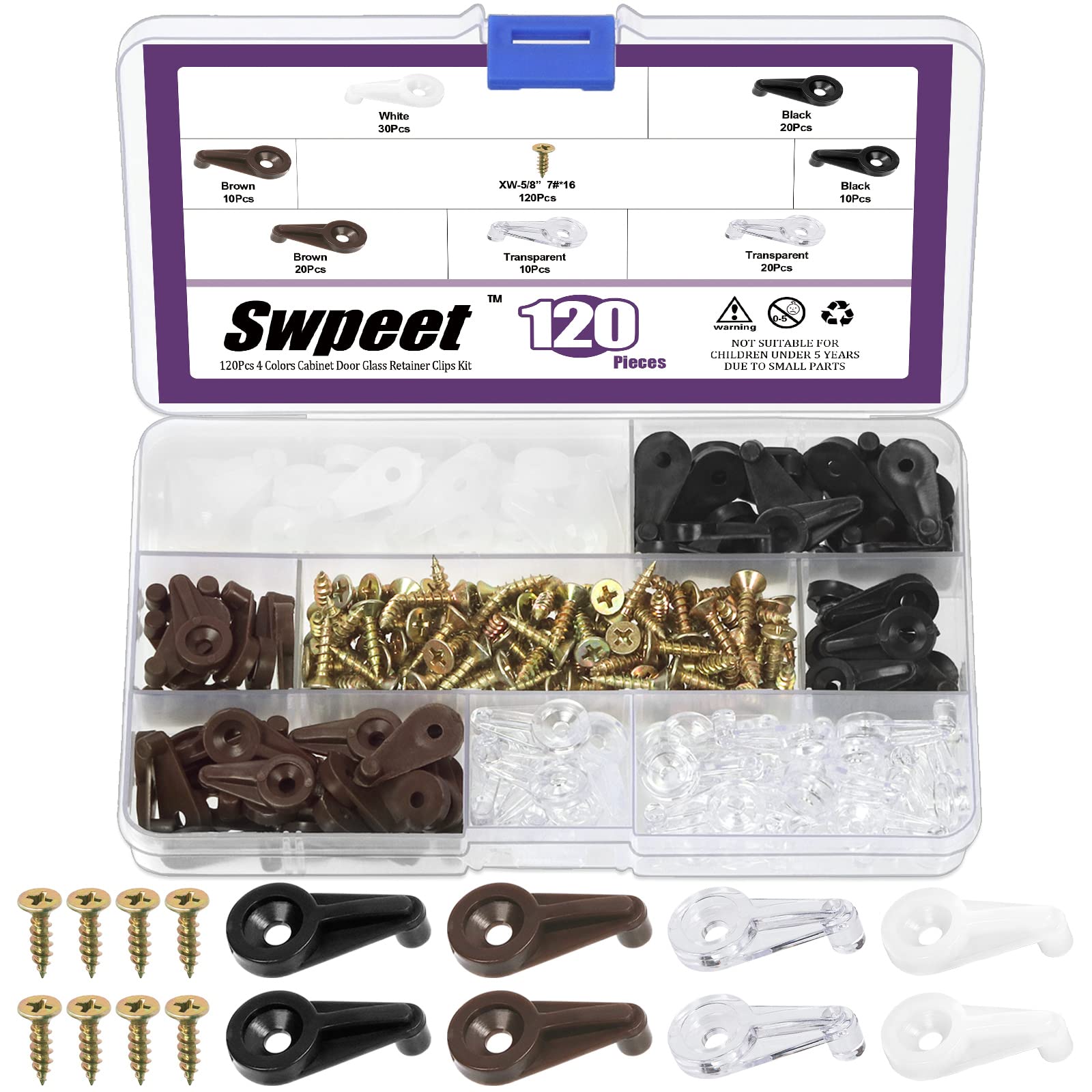 Swpeet 120Pcs 4 Colors Cabinet Door Glass Retainer Clips Kit for Fixing Glass Cabinet Doors
