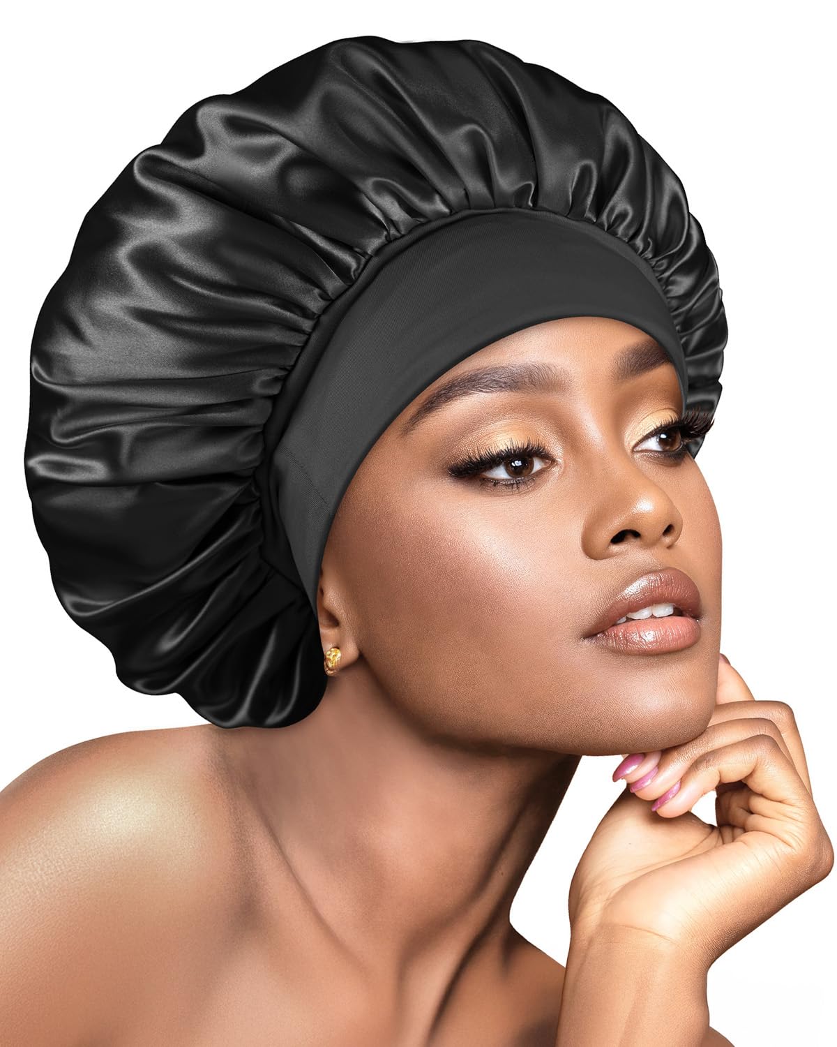 BONNET QUEEN Silk Bonnet for Sleeping Women Satin Bonnet Hair Wrap with Elastic Wide Band Sleep Cap for Curly Hair Anti Frizz Night Cap, Black