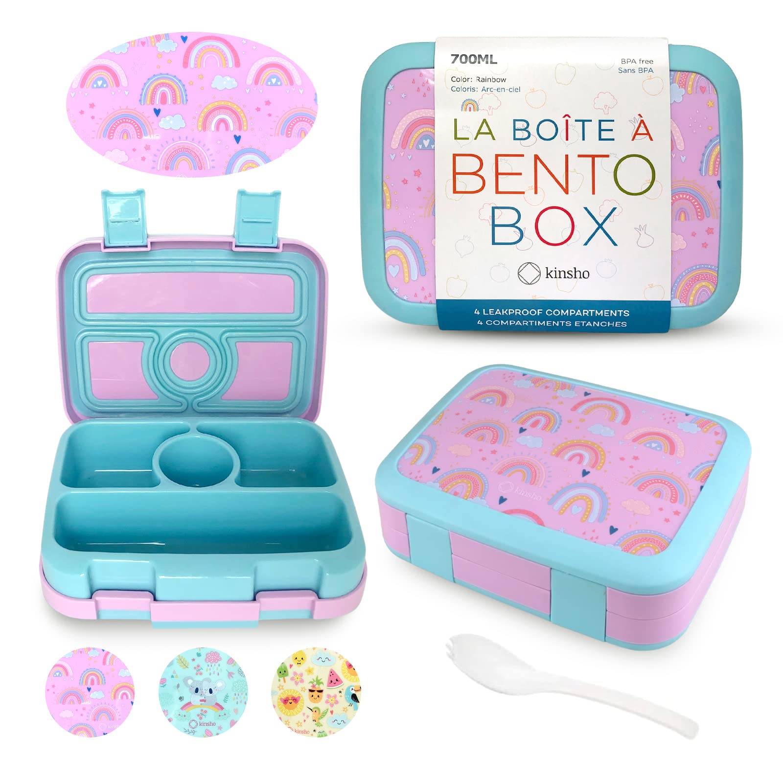 Photo 1 of kinsho Kids Bento Lunch Box, Reusable Meal and Snack Container, Lunch Boxes For Small Girls & Toddlers Lunches, 4 Compartment - School, Daycare, Drop-Proof BPA Free, Purple Rainbow