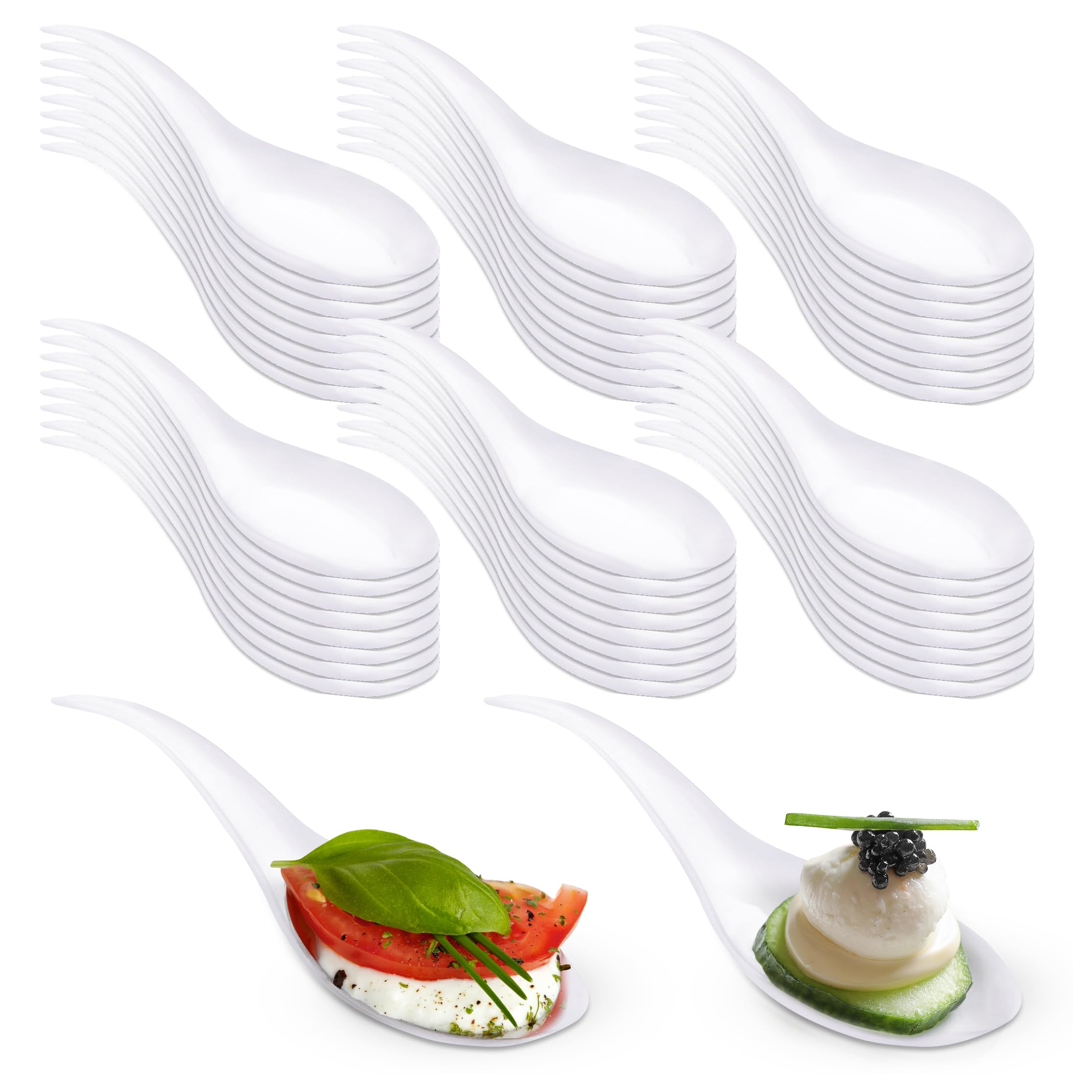 Photo 1 of Oasis Creations Tear Drop Tasting Spoons - Appetizer Spoons - Tasting Spoons -50 count- Disposable White Plastic - Ideal for Appetizers, Desserts, Dips, Sauces and More!…