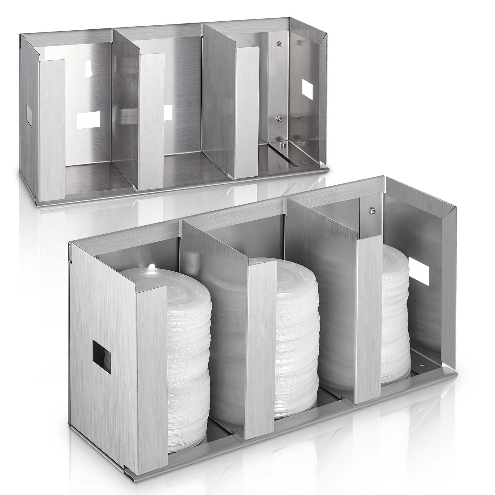 Photo 1 of Hicarer 3 Compartments Stainless Steel Cup Dispenser with Adjustable Dividers Silver Cup and Lid Holder Lid Organizer Storage for Cabinet Kitchen Cafe Tea Shop Restaurant