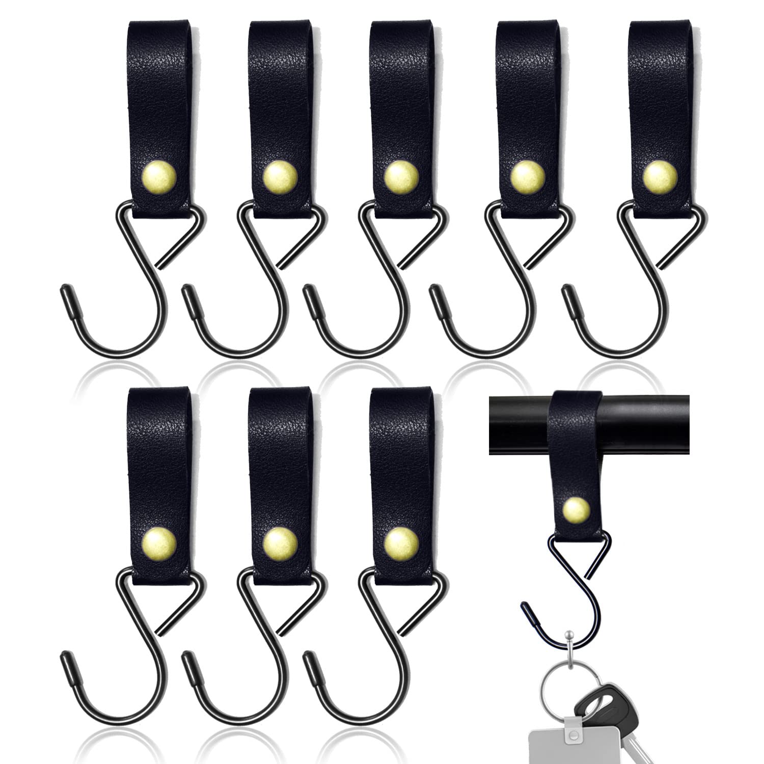 Modixun 8pcs Leather S-Hooks, S Shaped Hooks for Hanging, Camping Clips, Stroller Holders, Leather Fasteners for Coat Towel Kitchen Bathroom, Black