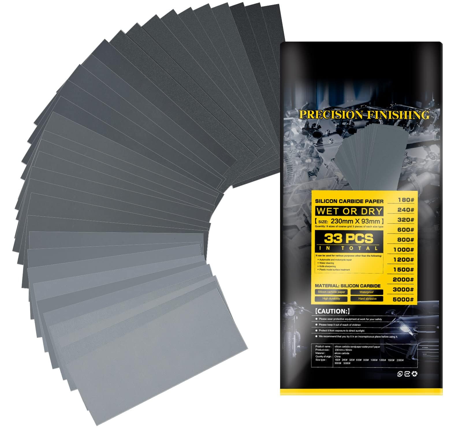 oumuik 33pcs Wet/Dry Sandpaper, 180-5000 Grit, Waterproof, Paper Backing, for Wood, Metal, Automotive, 9x3.7in, 33 Count
