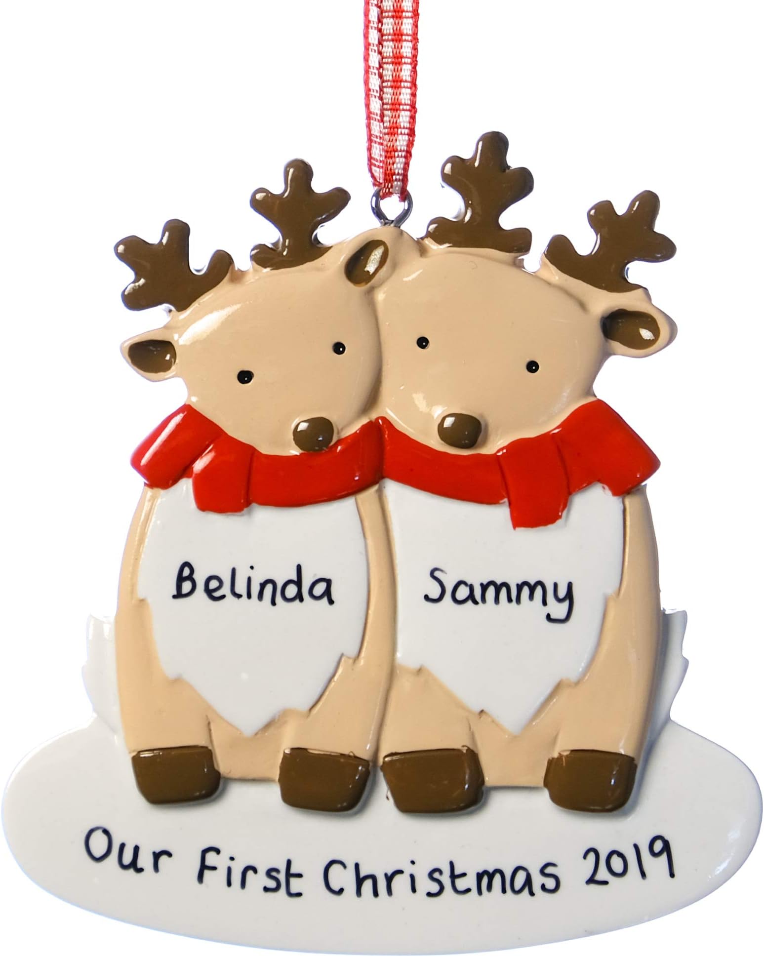 Alphabet barn Personalised Christmas Decoration Deer Couple First Xmas Ornament Hanging Bauble Comes with organza gift bag