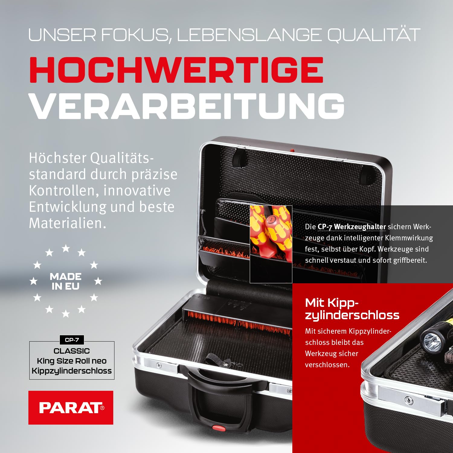 PARAT CLASSIC KingSize Roll neo CP-7 | Werkzeugkoffer leer für 60 Werkzeuge | Inkl. BASIC Roll-Up Case 8 | Rollkoffer mit CP-7 Halterungen | Bodenschale & Dokumentenfach | mit Teleskopauszug & Rollen 3