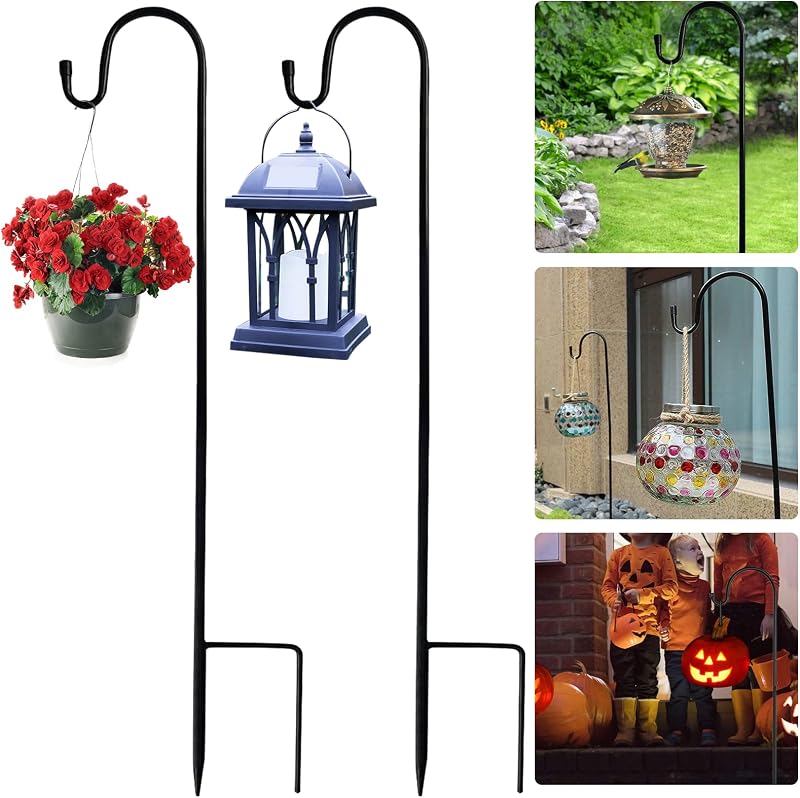 Ledeak 2 Pack Black Steel Shepherd's Crook Hooks for Garden Lights & Baskets