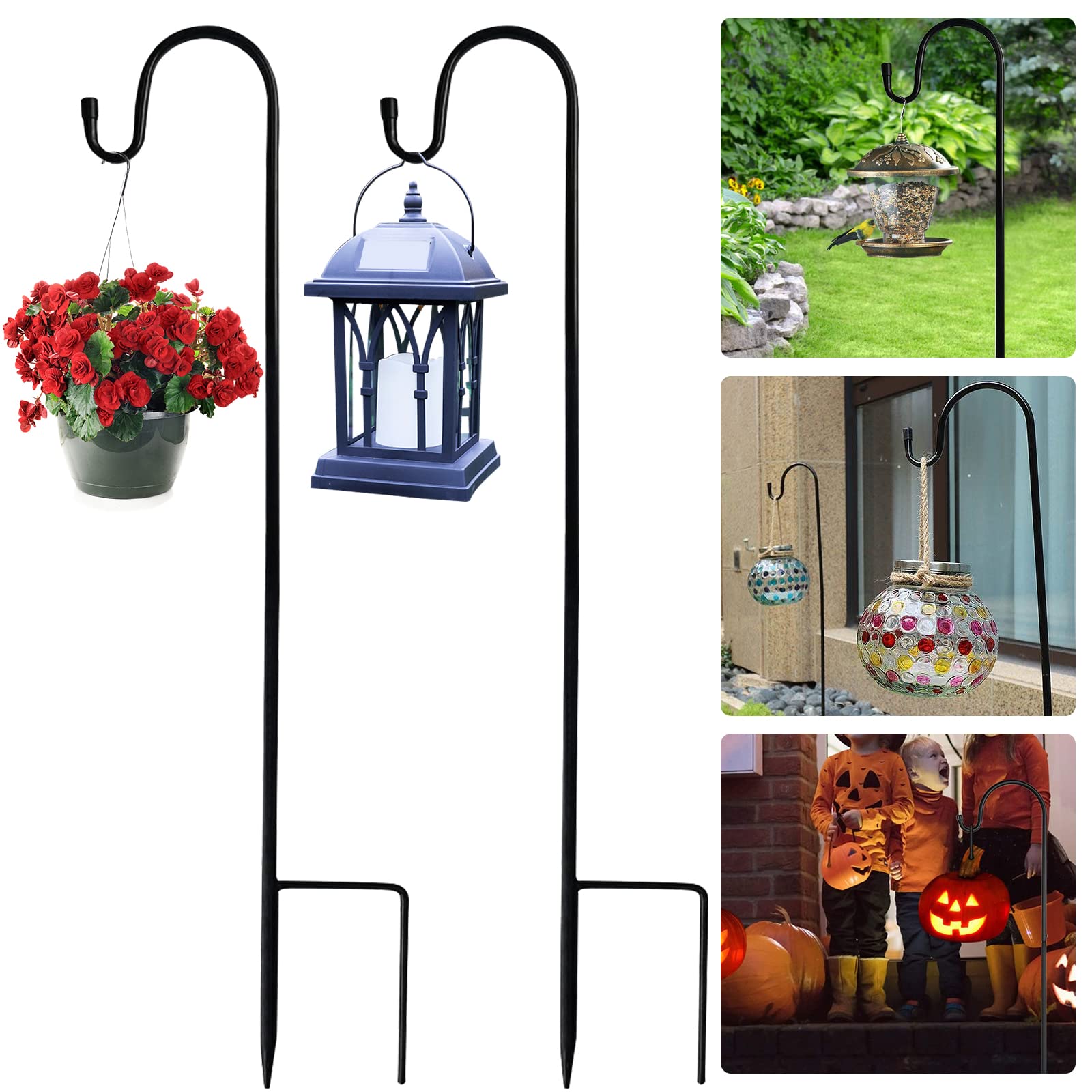 Ledeak 2 Pack Classic Black Steel Shepherd's Crook Hooks, Adjustable Height Garden Hooks for Lights, Lanterns, Plant Baskets, Wind Chimes
