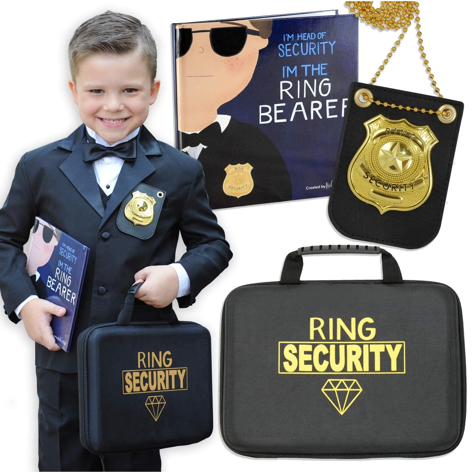 Photo 1 of Tickle & Main Ring Bearer Proposal Gift Set - Youth S/M, Ages 4 & Up, Black Polyester - Includes Storybook, Leather Badge & Security Briefcase - Kids Ring Bearer Gifts