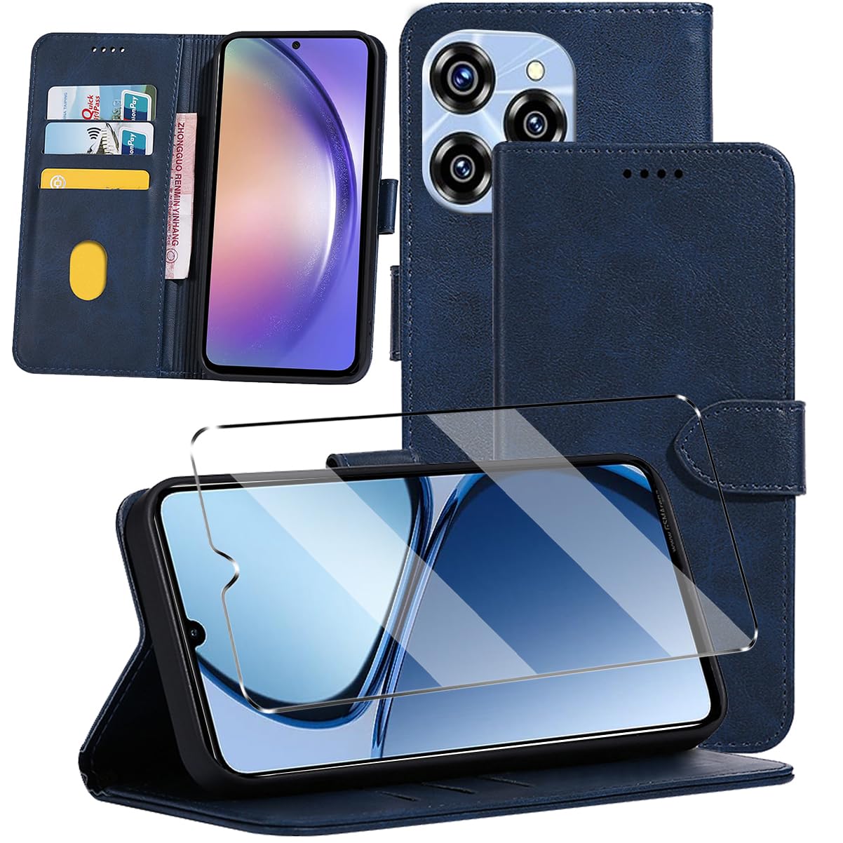HuiYouMY 2-in-1 Case Compatible with Oukitel C50 Leather Phone Case, Wallet Case Cover [Card Slots] [Kickstand] Magnetic Closure Full Protection Book Folio Design wallet flip phone case - Navy