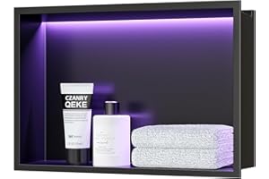 Qeke Stainless Steel Shower Niche 18" X 12", No Tile Needed Wall Niche with RGB Led Light, Recessed Shower Shelf for Bathroom Storage Over Mount Installation, Matte Black