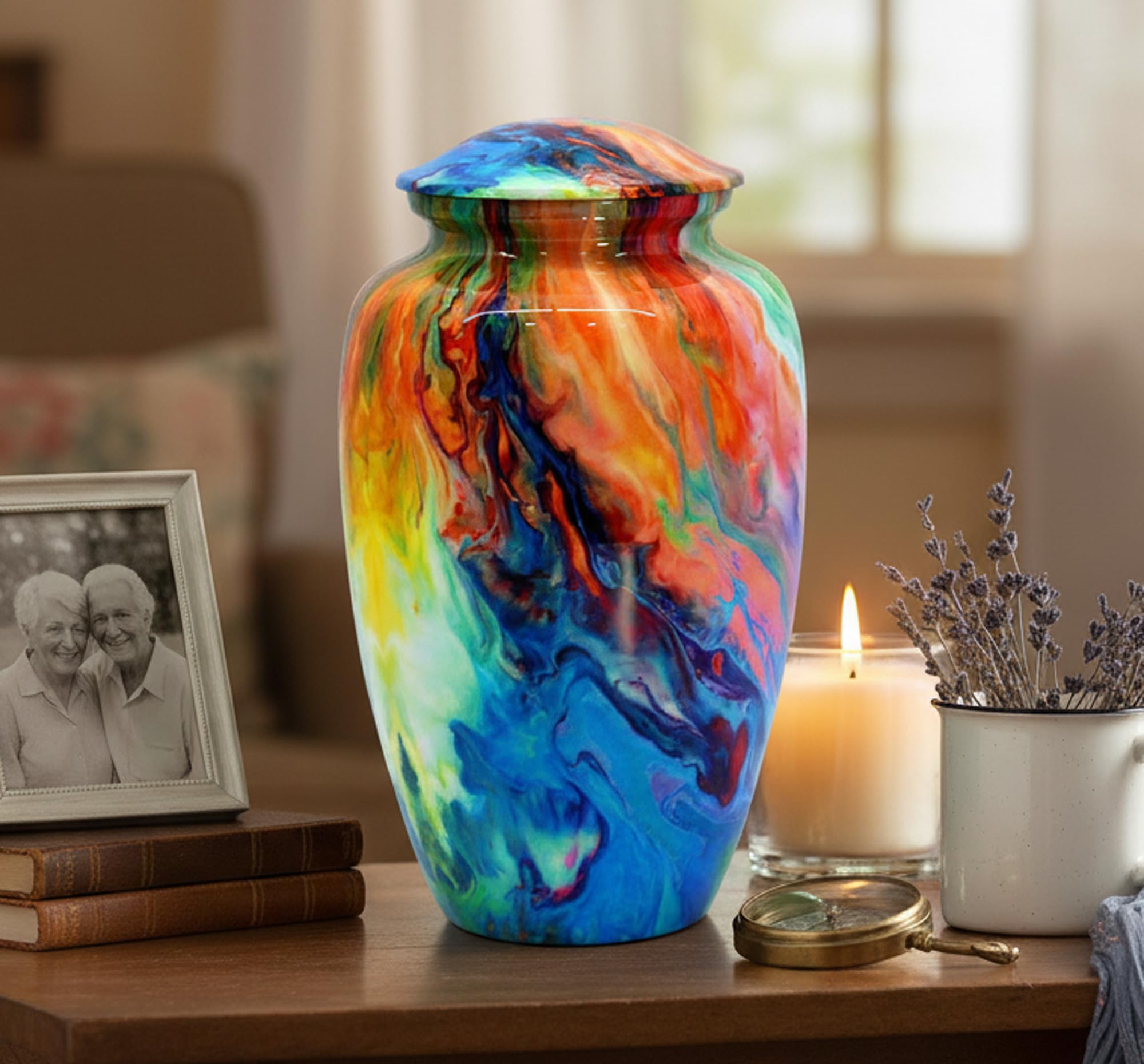 ESPLANADE Metal Cremation Urn Memorial Jar Pot Container | Full Size Printed Urn for Funeral Ashes Burial | Metal Urns | Wave Multicolor - 10" Inches