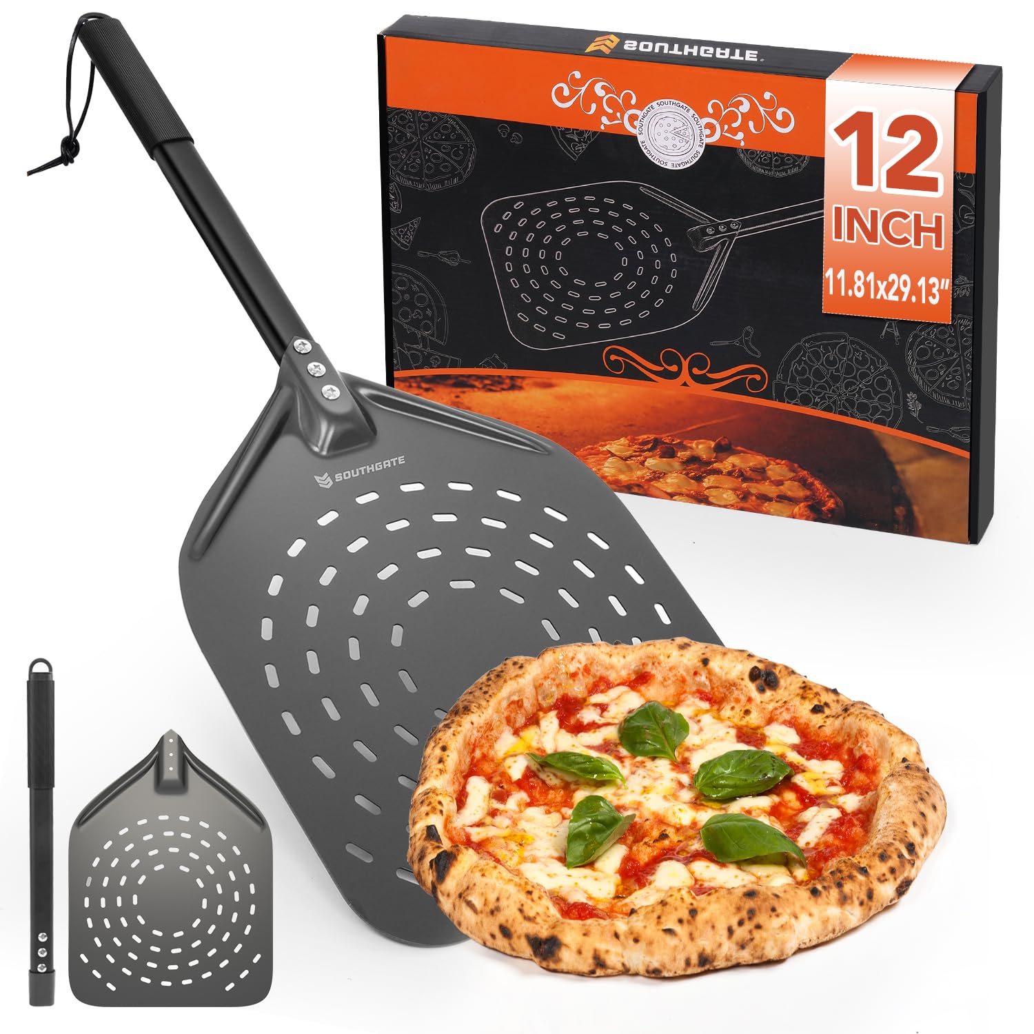 SOUTHGATE 12 Inch Perforated Pizza Peel, Hard Anodised Aluminium Pizza Paddle with Silicone Handle Removable, Professional Rectangular Pizza Shovel for Homemade Pizza Bread, 30 x 35cm