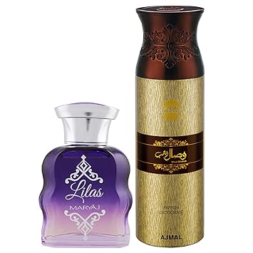 Maryaj Lilas Eau De Parfum Citrus Floral Perfume 100ml for Women and Ajmal Wisal Dhahab Deodorant Fruity Floral Fragrance 200ml for Men + 2 Parfum Testers FREE