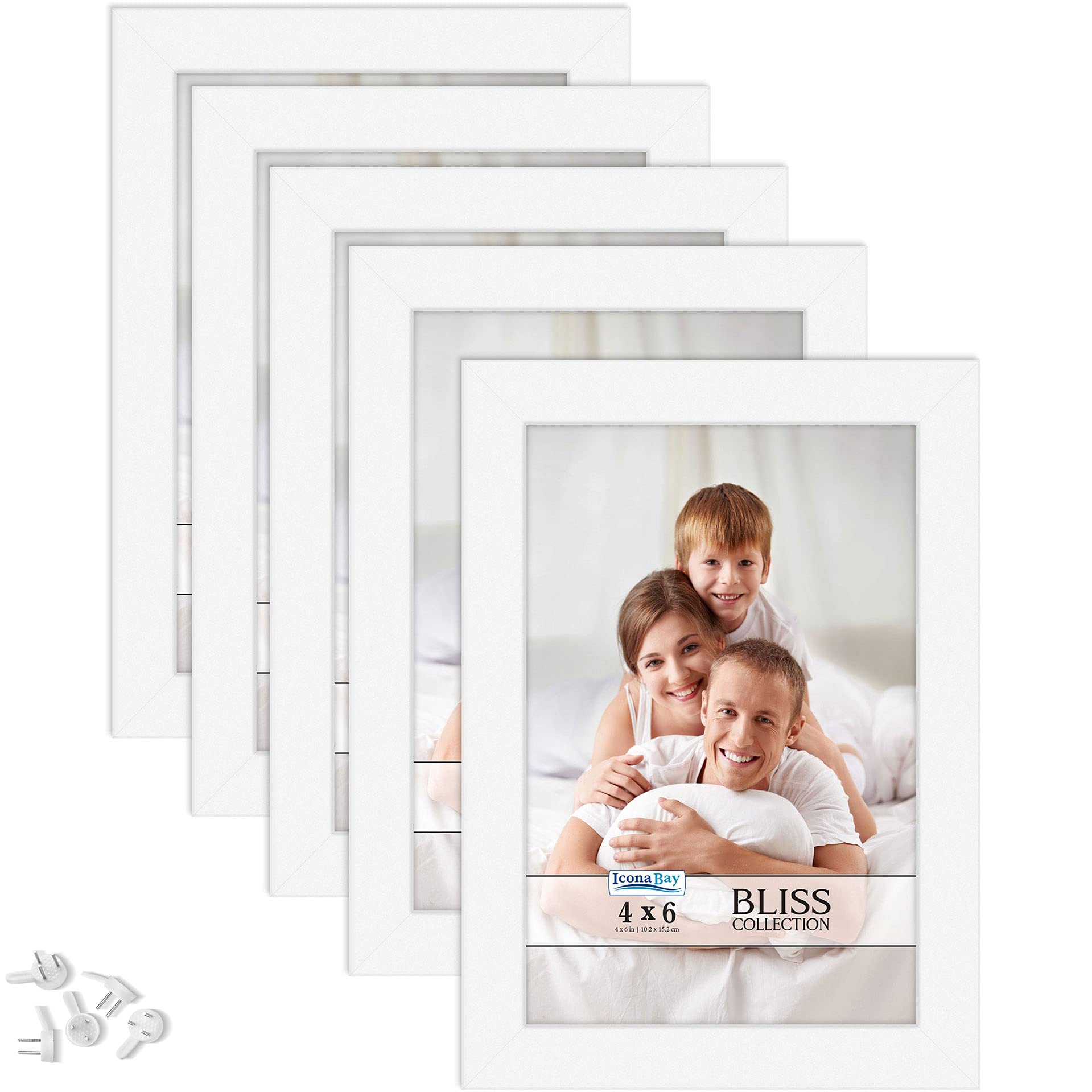 Icona Bay - 6x4 Picture Frames - White, 5 Pack - Modern Style Wood Composite Frames - Table Top or Wall Mount - Bliss Collection
