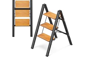 GameGem 3 Step Ladder, Aluminum Folding Step Stool with Anti-Slip Sturdy and Wide Pedal, Lightweight Portable Stepladder for Home and Kitchen Use Space Saving, 330 lbs, Black Woodgrain