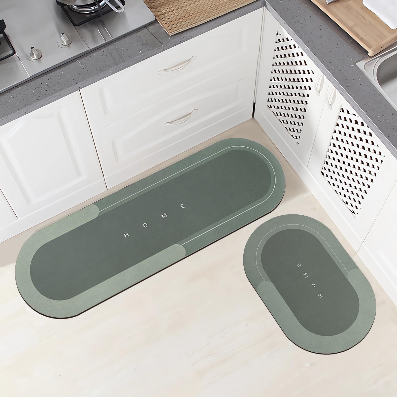 Topzywlc Kitchen Mat Set Non Slip Anti Mould, 2Pcs Quick Dry Magic Home Floor Mat Set, For Bathroom, Bedroom, Kitchen, Toilet, Door, Washing Table (Oval Green, 45 * 70cm + 45 * 150cm)