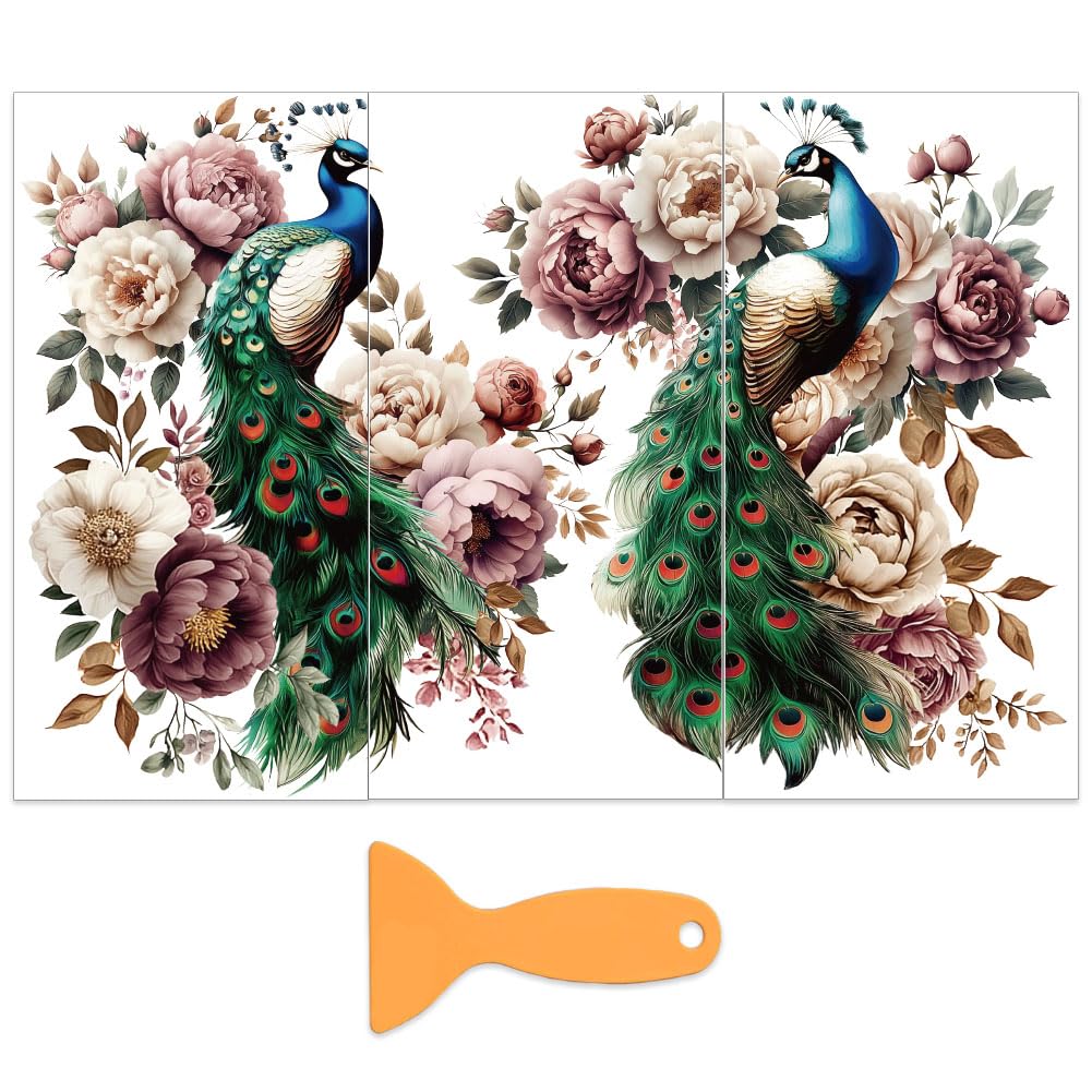 OLYCRAFT 3pcs/Set Peacock Peony Rub on Transfers for Furniture and Crafts 15x30cm Flower Animal Stickers Decals with Scraper