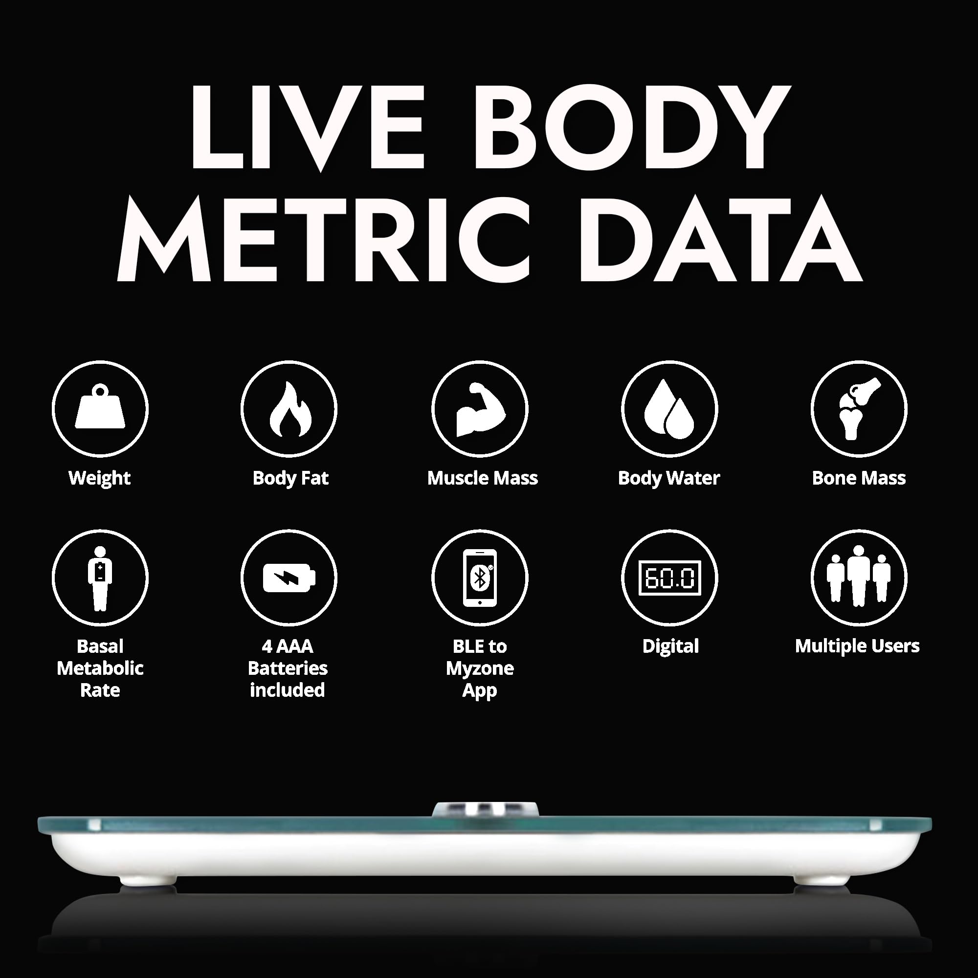 MYZONE MZ-20 Bluetooth Home Digital Bathroom Scales (Black) - High Precision Body Fat and Muscle Mass Measurement