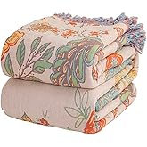 Ffdshc Boho Throw Blankets for Bed Couch, 100% Cotton Soft Cozy Mexican Blanket Rustic Quilt 60"x80",Lightweight Reversible Muslin Farmhouse Decor Blankets for Armchair,Picnic,Sofa