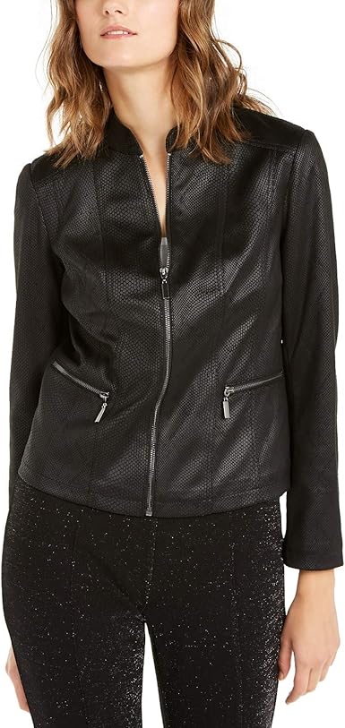 Alfani Snakeskin-Print Faux-Leather Jacket, Deep Black L at Amazon Women's Coats Shop
