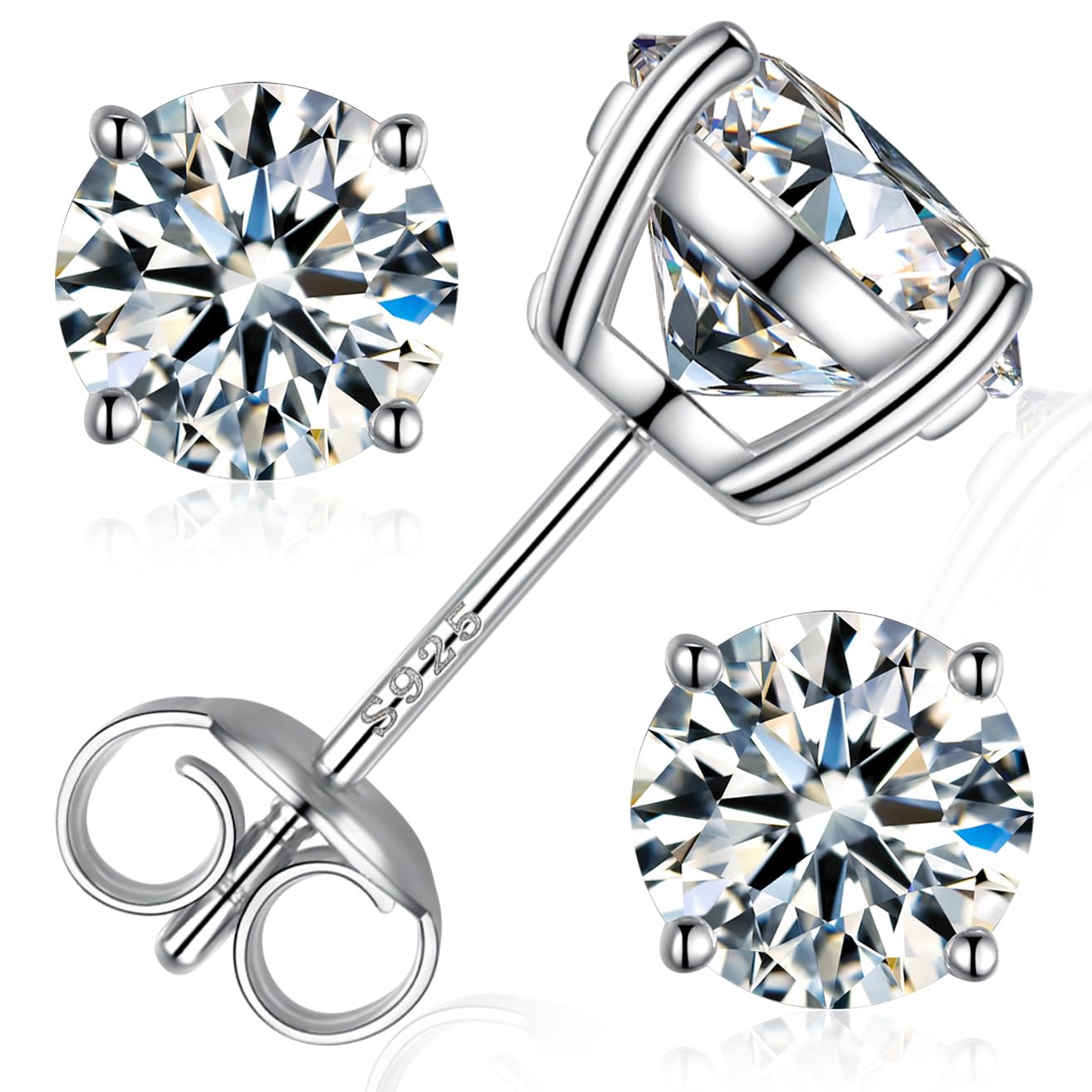 Moissanite Stud Earrings, Round Cut D Color VVS1 Clarity Lab Created Moissanite Earrings Studs 18K White Gold Plated 925 Sterling Silver Jewelry for Women Men (Silver 4 Prong, 1.6 CTW (0.8 Ct Each)) Image