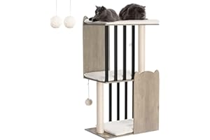 FourFurPets 43.8in 3-Tier Modern Cat Tree Tower Condo, Cat Scratch Posts for Indoor Cats, Big Plate, Two 19.7in Full Sisal Scratching Posts, Greige