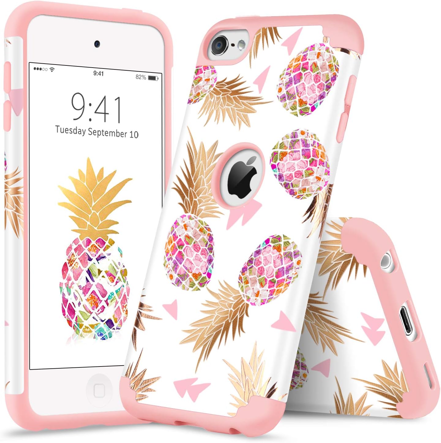 YINLAI iPod 5 Case, iPod Touch 6 Case Shockproof 2 in 1 Hybrid Slim Soft Silicone Rubber Bumper Hard PC Cover Cute Floral Pineapple Pattern Protective Cases for iPod Touch 5/6th Generation Rose Gold
