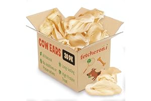 FETCHERONI Cows Ears for Dogs, Thick and Large Dog Ears, Single Ingredient and No Odor Cow Treats, Long Lasting Cow Ears, Natural & Grass-fed Dog Treat Animal Ears, Cow Ears for Puppies and All Breeds (30 Pack)