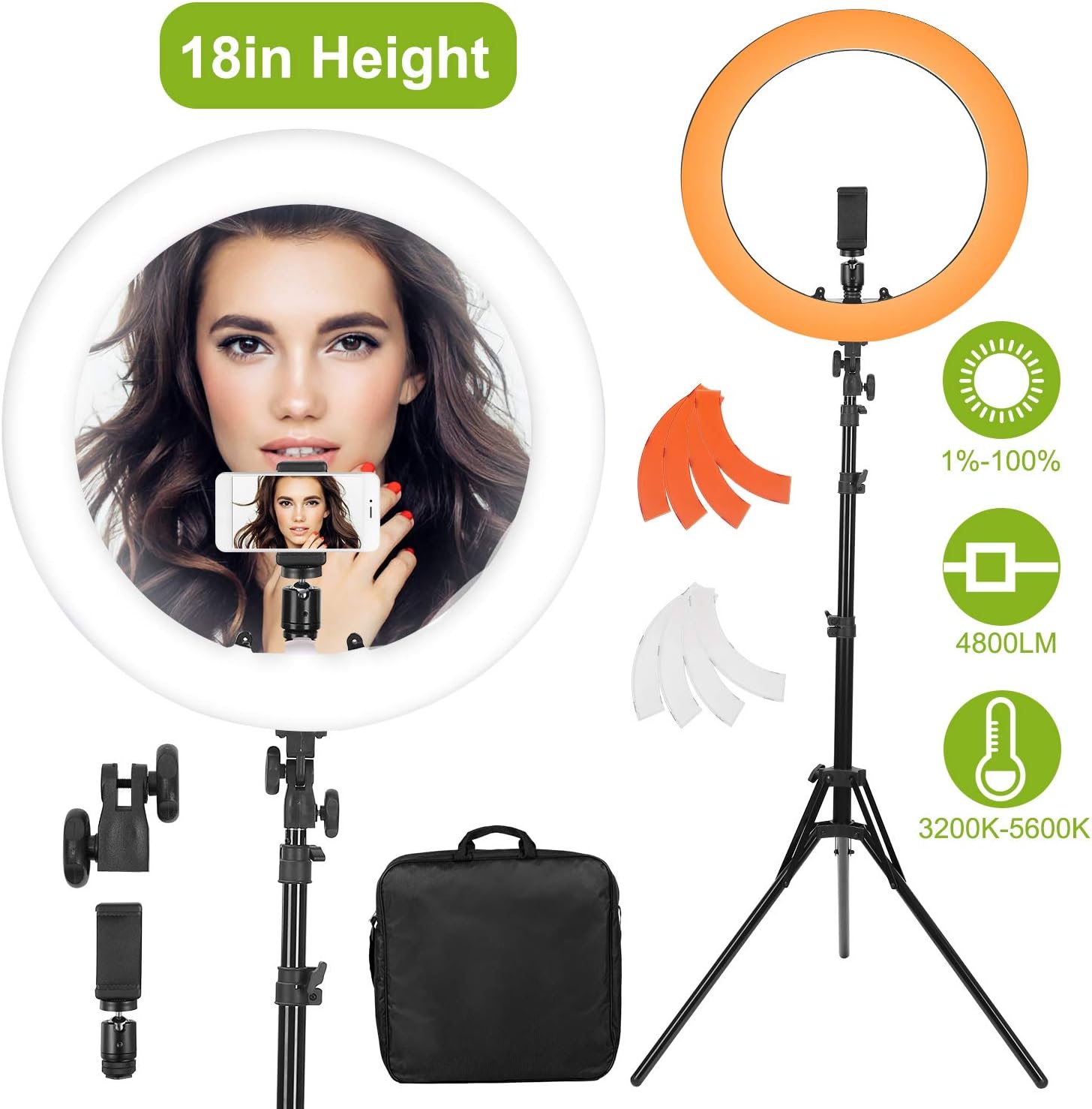 18 Inch LED Ring Light with Stand - Moclever LED Ring Light Kit with Tripod Stand for Phone and Camera, Dimmable 2700K-5500K, Carrying Bag for Camera, Smartphone,YouTube,Self-Portrait Shooting