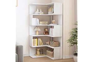 IOTXY 6-Tier L-Shaped Corner Bookshelf - 66" Tall Wooden Freestanding Bookcase with Open Shelf Units, White