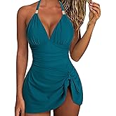 SUUKSESS Women One Piece Swim Dress Tummy Control Swimsuit Tie Knot Bathing Suit