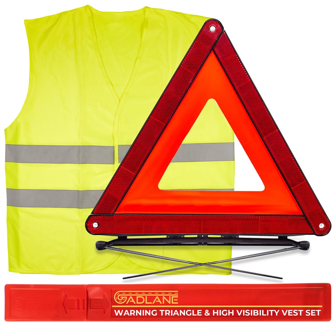 GADLANE 2 In 1 Emergency Warning Triangle & Hi Vis Vest Kit Car Road Safety Reflective Ece R27 & High Visibility Vest European Travel Roadside Breakdown, European Driving Kit Breakdown Triangle Hi Vis