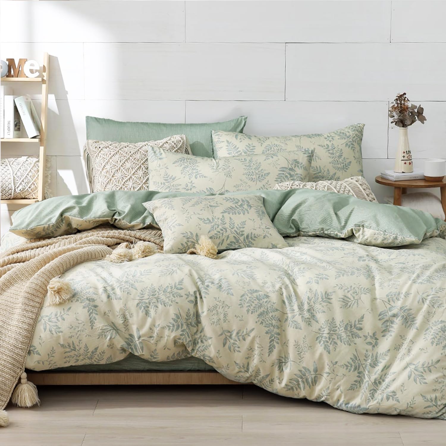 Photo 1 of LEMIROE Botanical Cotton Comforter King Size - Dusty Green Comforter Printed with Luxrious Bluish-Grey Ferns on Beige,Reversible Lightweight Bedding Sets 3Pcs(104"×90")