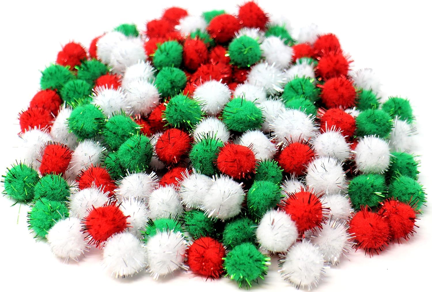 EliteKoopers 10MM Glitter Pom Pom Sparkle Balls Pompoms Embellishments for Christmas Craft/Party Decoration (Red White Green Mix 100pcs)