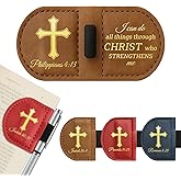Personalized Bygone Mark Bookmark with Pen Holder-Magnetic Leather Bookmarks with Bible Verses,Custom Book Marks for Christian,Women,Men, Book Lovers, Readers,Church(Brown，Philippians 4:13)