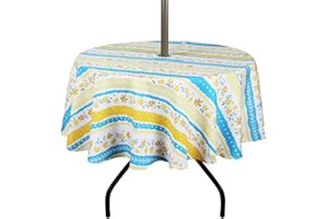 ColorBird Outdoor Tablecloth with Umbrella Hole, Round Tablecloth 60 inch Waterproof Table Cover with Zipper Sea Wave Pattern Table Cloth for Patio Garden Tabletop Decor