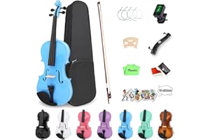 Oneder 4/4 Rainbow Violin Set Full Size Fiddle for Adults Beginners with Hard Case, Shoulder Rest, Rosin, Bow, Tuner, Extra Bridge Strings, 10 Music Stickers (Blue)