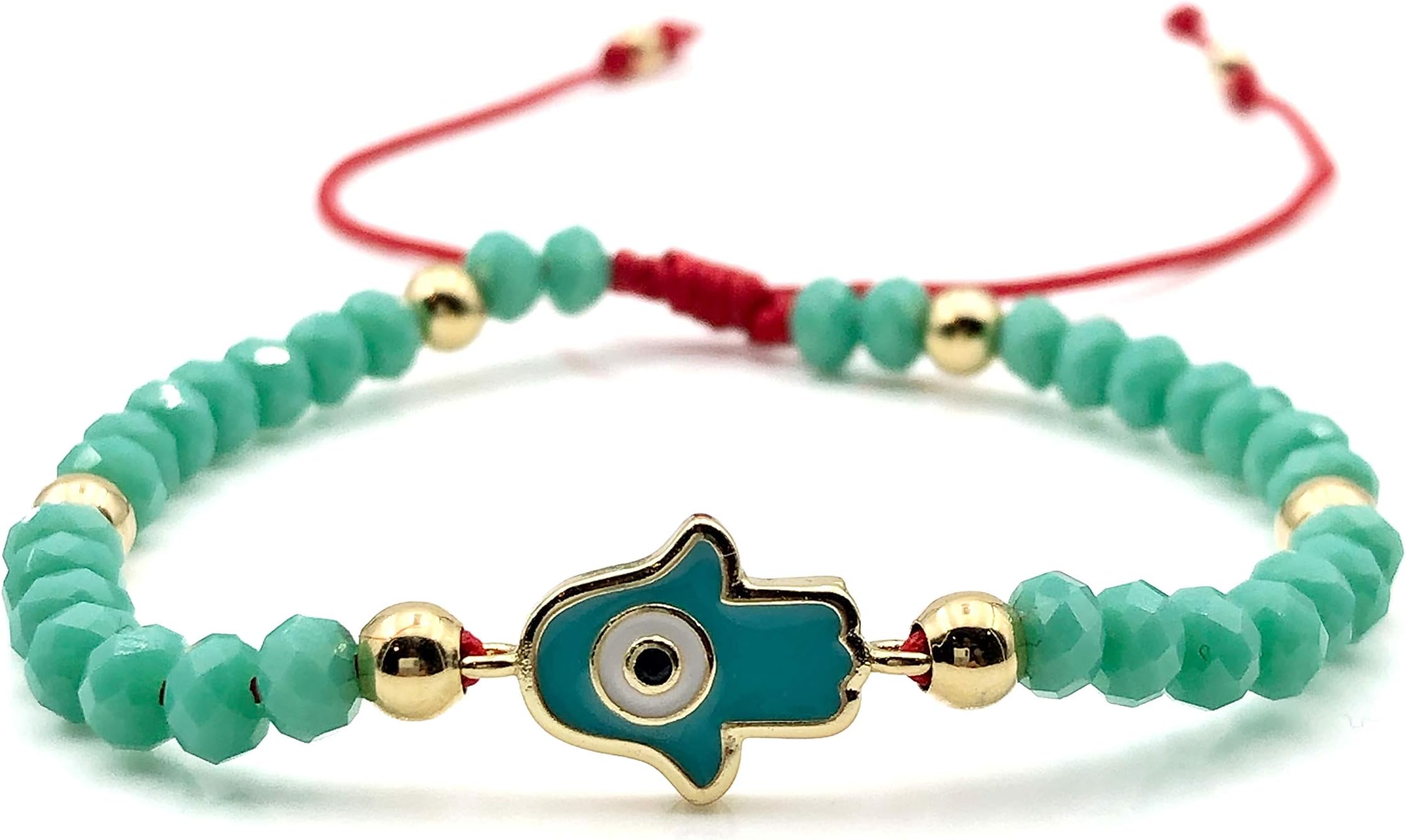 Protection Evil Eye Bracelet - Lucky Hamsa Hand Enameled Charm - Hand Made Adjustable Turquoise Crystal Bead Jewelry - Best Kabbalah Red String for Women