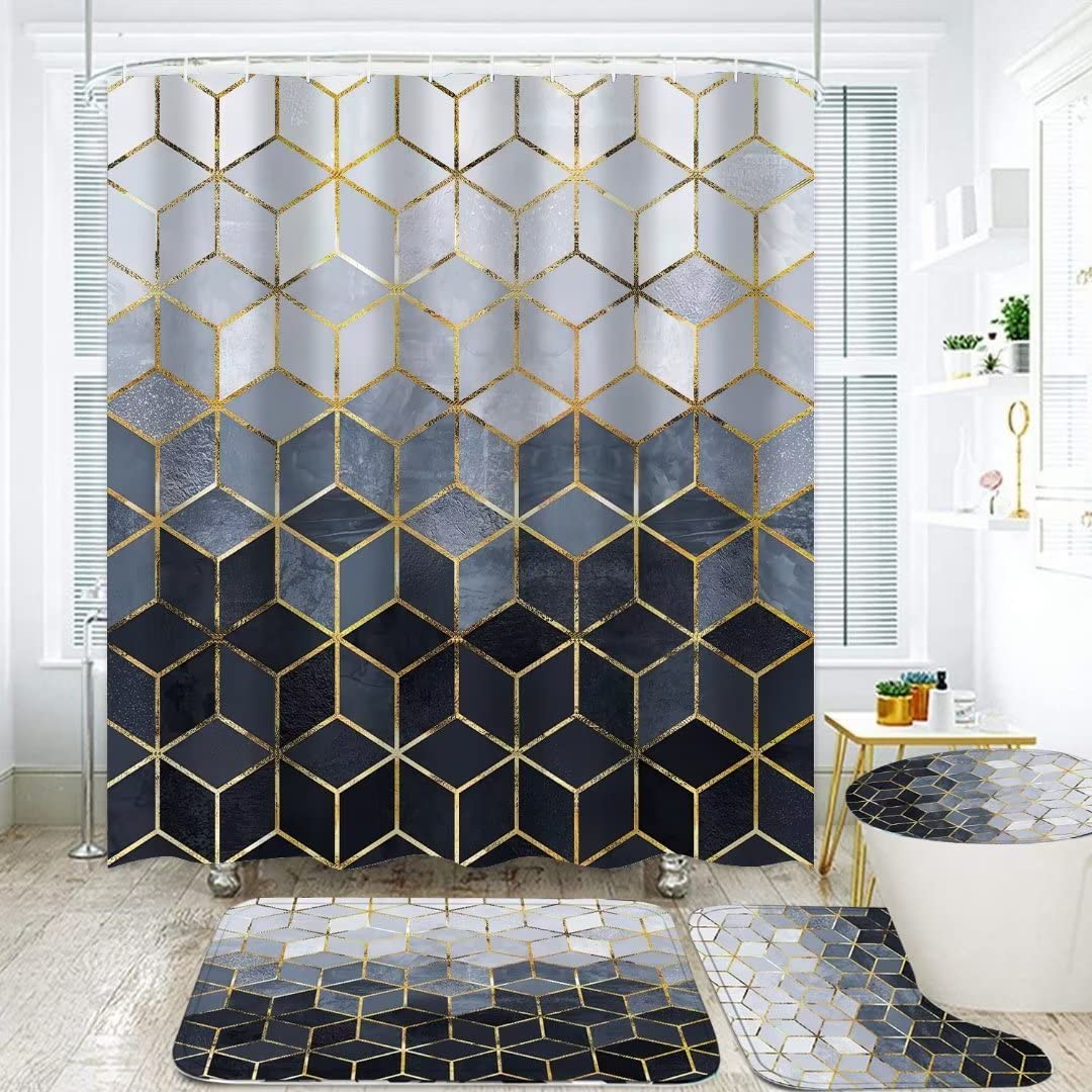 LQCOOL 4Pcs Blue Gradient Shower Curtain Set Modern Geometric Shower Curtain Set Golden Cubic Lines Bathroom Set (Blue)…