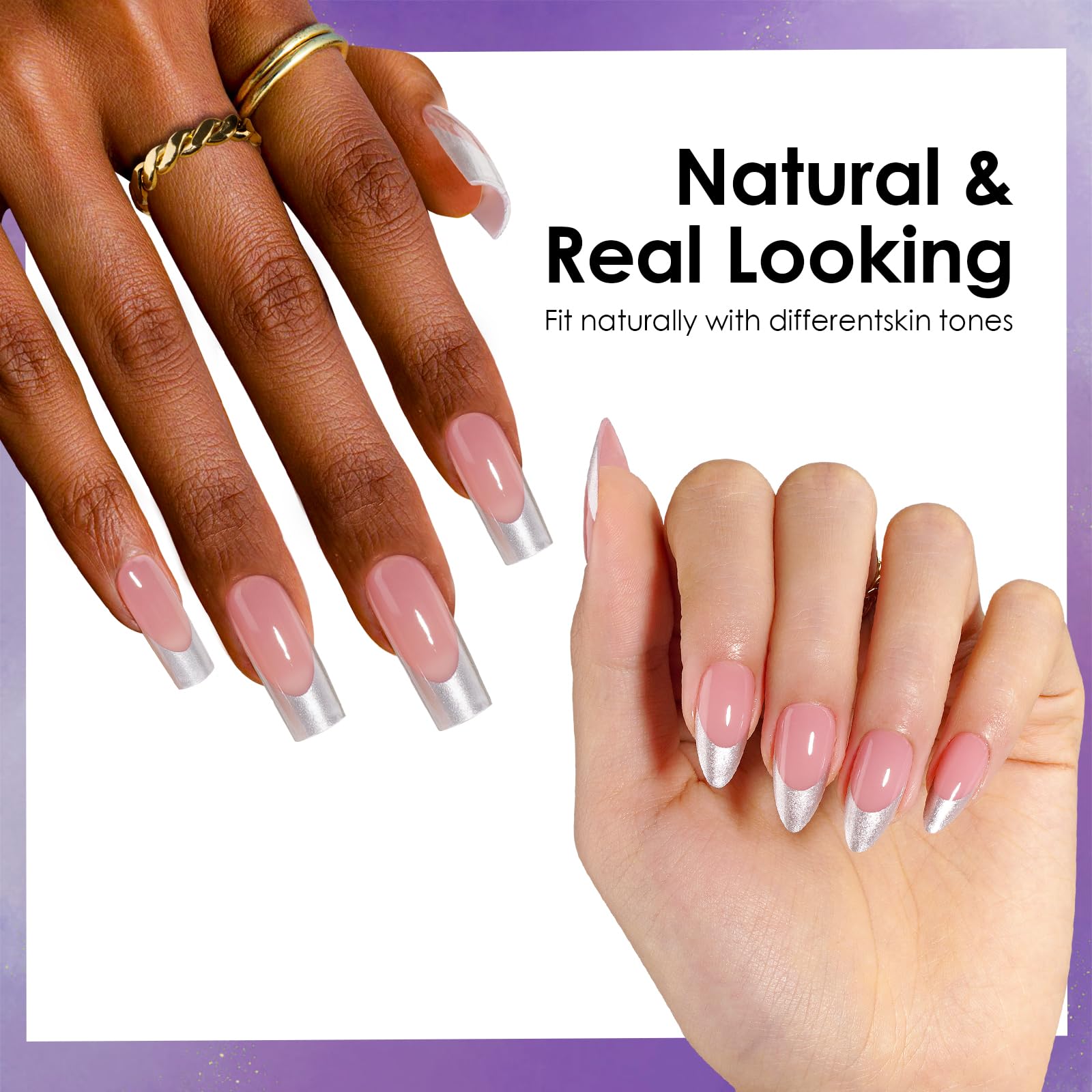 Canvalite Chrome French Tip Press on Nails - Pre-Colored Quick and Easy Press on Nails Long Square Fake Nails with Designs DIY Gel Nail Tips 150Pcs, Silver - Image 6
