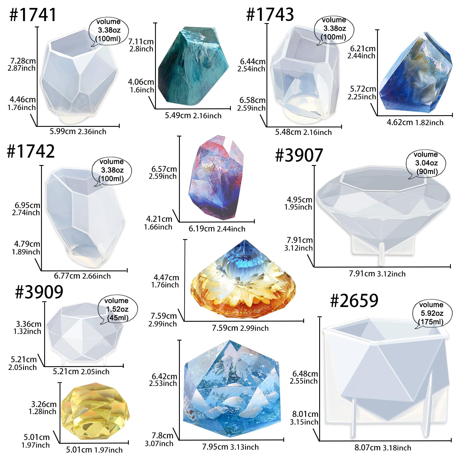 Large Multi-Faceted Gem Stone Resin Epoxy Mold for Jewelry Soap, Ice Making, Gemstone Isomalt Baking, Cabochon Candle Craft Projects 6-Pack