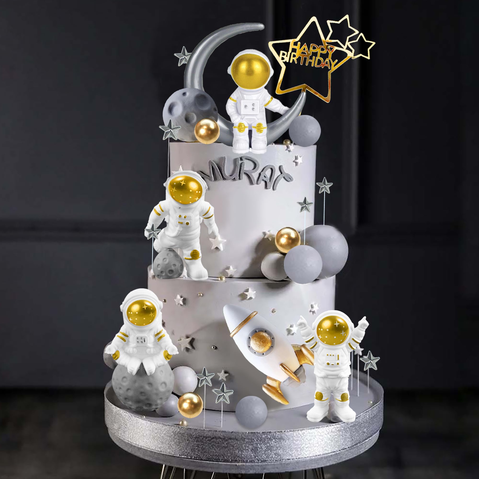 Photo 1 of Space Cake Toppers Outer Space Cake Decorations with Balls Stars Astronauts Figurines Rocket for Outer Space Theme Party Kids Birthday Party